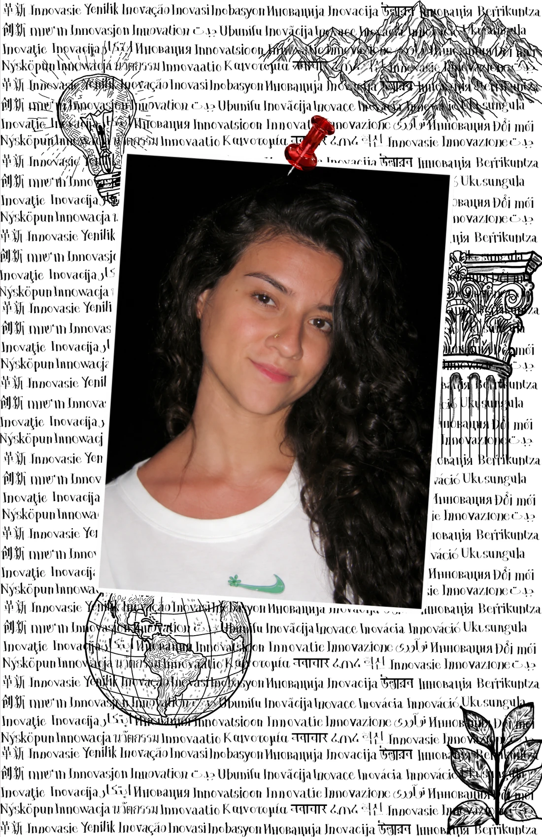 Colagem de referências sobre inovação com uma foto de Cecília Araya presa por um pin vermelho